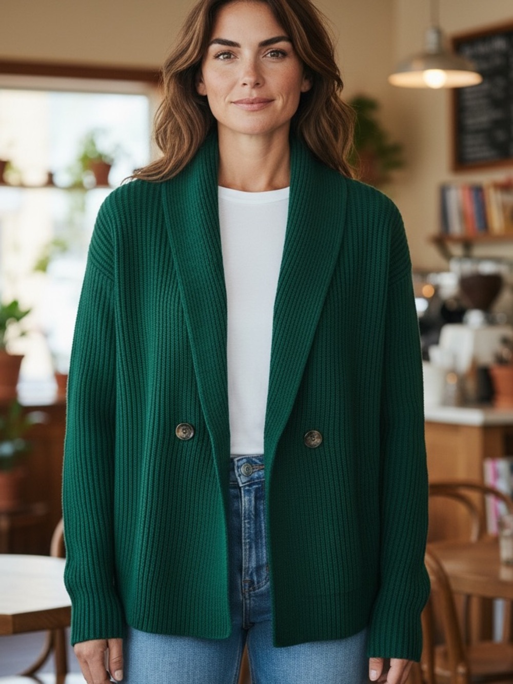 Lauren Ralph Lauren Green Ribbed Shawl-Collar Cardigan Double Breasted SZ L EUC - Picture 13 of 13